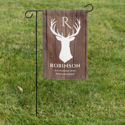 Rustic Deer Antler Family Name Monogram Wood Garden Flag