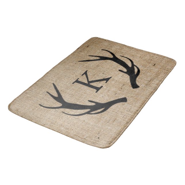 Rustic Deer Antler Faux Burlap Monogram Bathroom Mat (Angled)