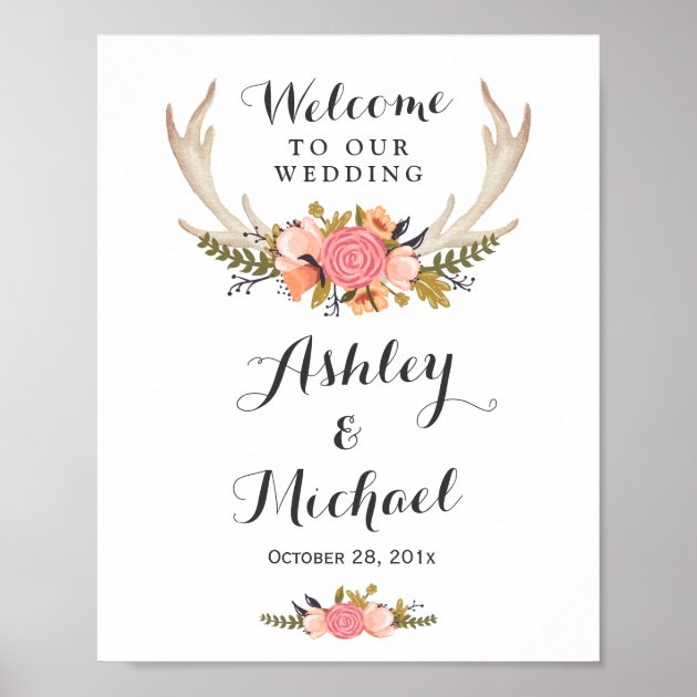 Rustic Deer Antler Floral Wedding Reception Sign