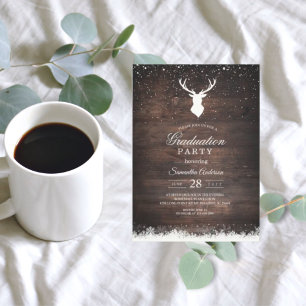Rustic Deer Antler Graduation   Winter Invitation