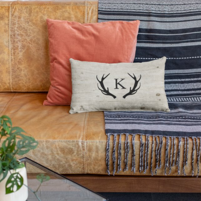 Rustic Deer Antler Logo Wood Monogrammed Lumbar Pillow (Creator Uploaded)