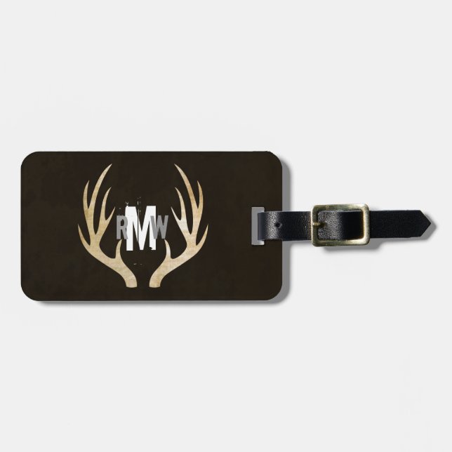 Rustic Deer Antler Monogram Luggage Tag | Grunge (Front Horizontal)