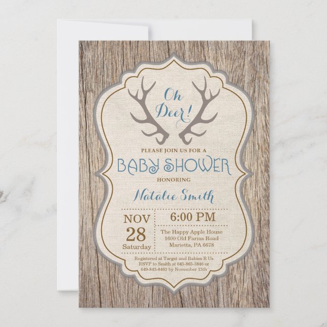 Rustic Deer Antler Oh Deer Boy Baby Shower Invitation (Front)