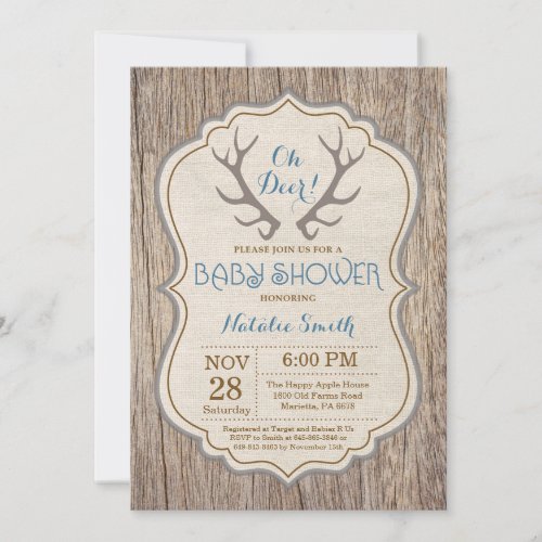 Rustic Deer Antler Oh Deer Boy Baby Shower Invitation