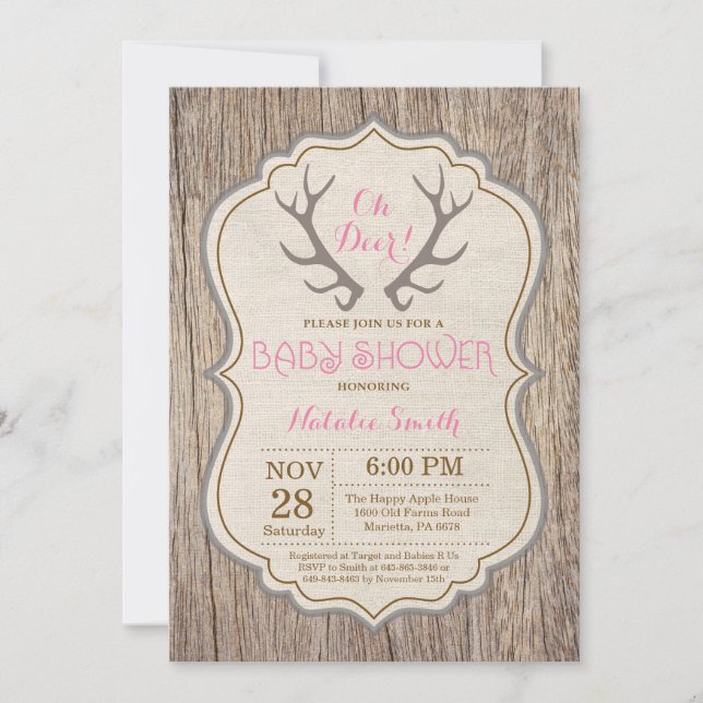 Rustic Deer Antler Oh Deer Girl Baby Shower Invitation (Front)