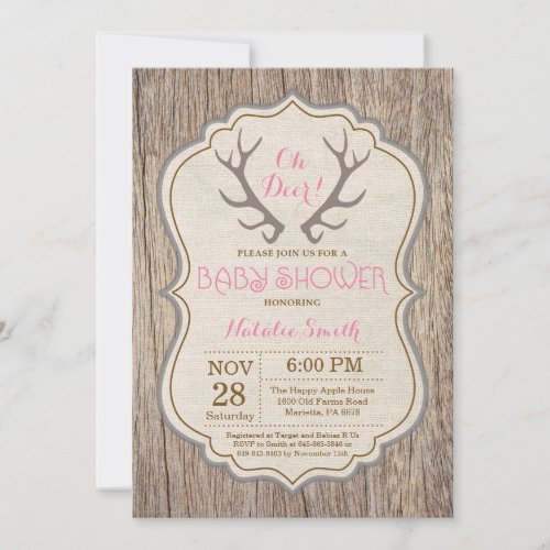 Rustic Deer Antler Oh Deer Girl Baby Shower Invitation