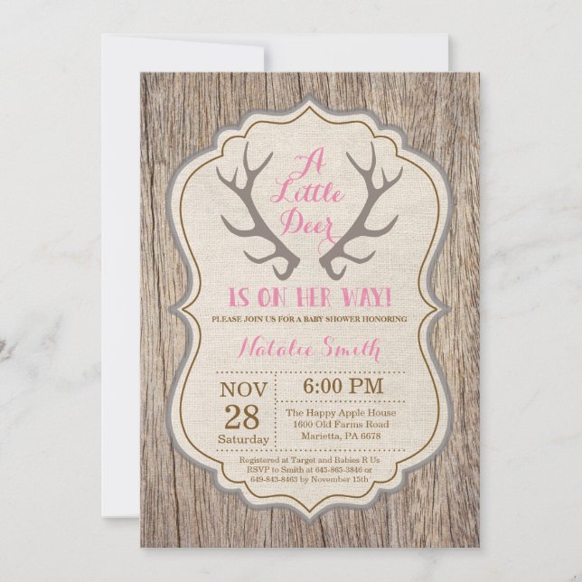 Rustic Deer Antler Pink Girl Baby Shower Invitation (Front)