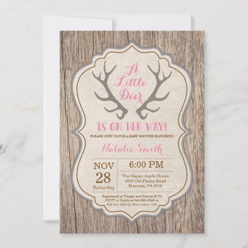 Rustic Deer Antler Pink Girl Baby Shower Invitation