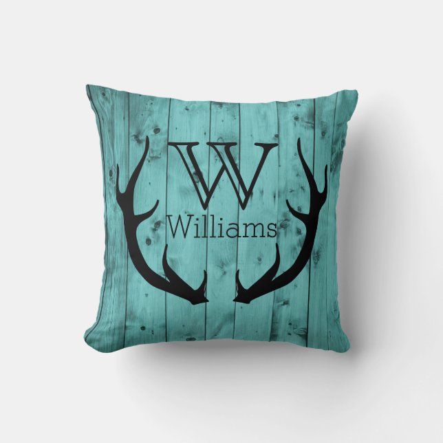 Rustic Deer Antler Teal Wood Black Monogram Throw Pillow (Front)
