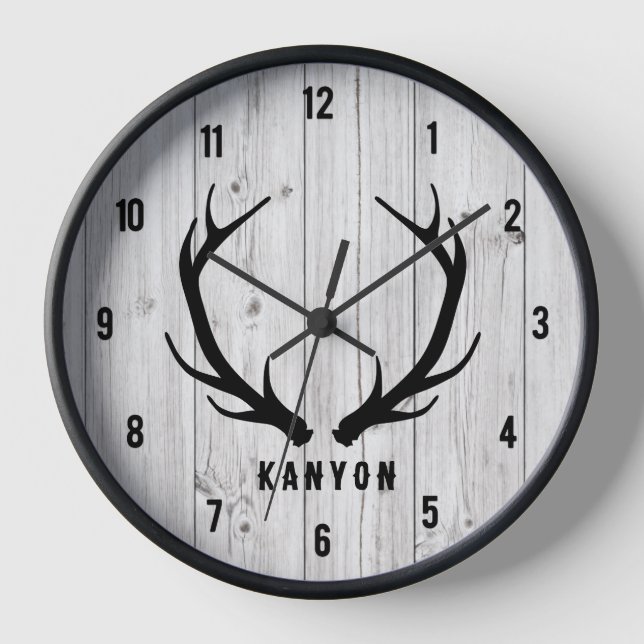 Rustic Deer Antler White Plank Cabin Clock (Front)