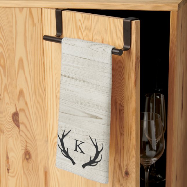 Rustic Deer Antler White Wood Monogrammed Kitchen Towel (Thirds Fold)