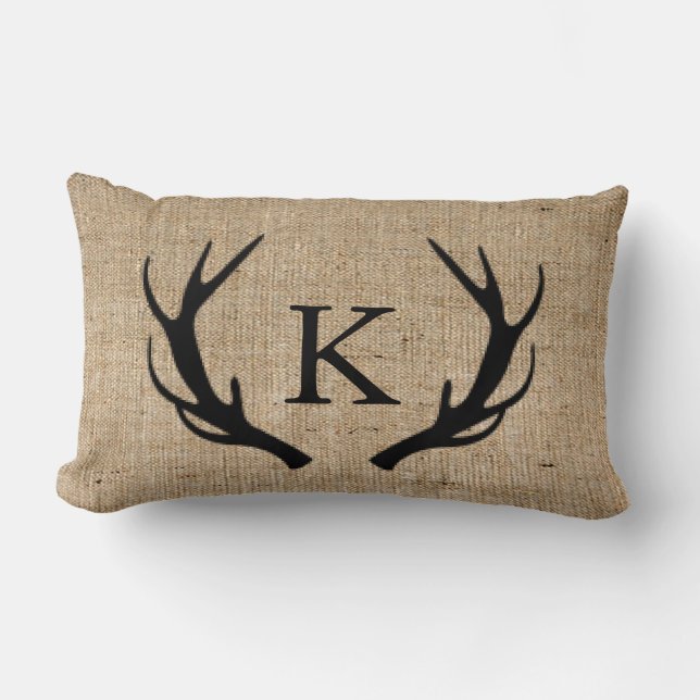 Rustic Deer Antler with Monogram Faux Burlap Lumbar Pillow (Front)