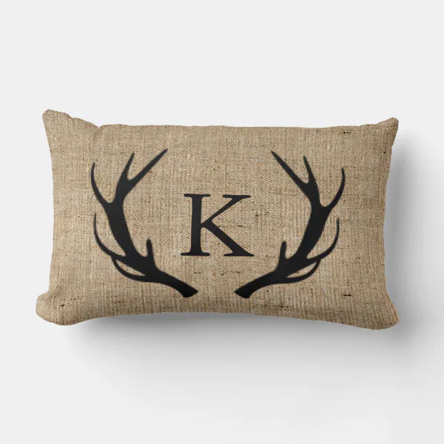 Rustic Deer Antler with Monogram Faux Burlap Lumbar Pillow Zazzle
