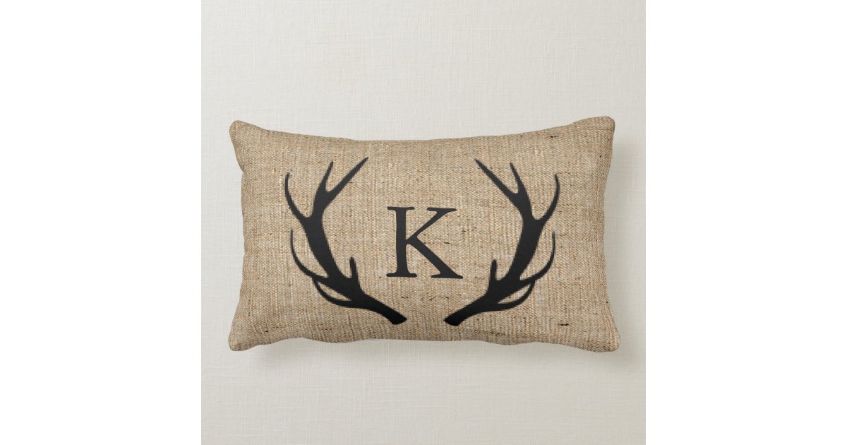 Rustic Deer Antler With Monogram Faux Burlap Lumbar Pillow