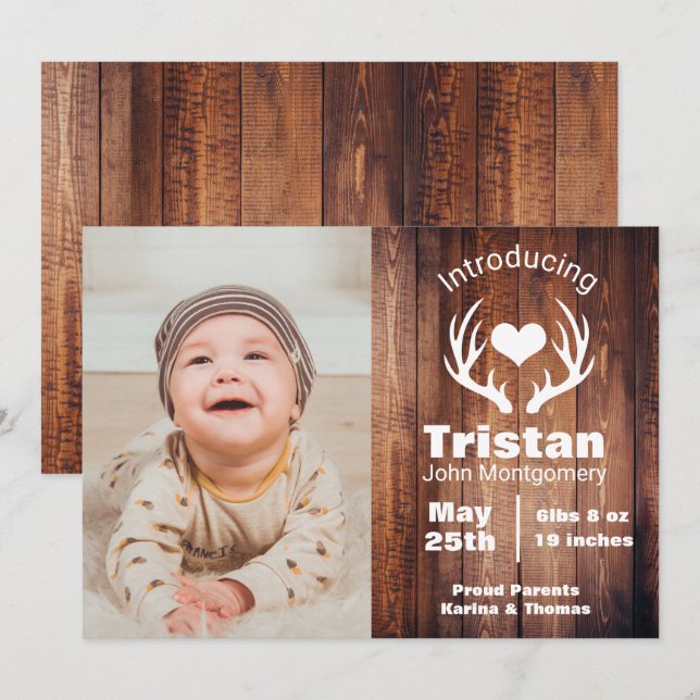 Rustic Deer Antlers Barn Wood Birth Announcement (Front/Back)