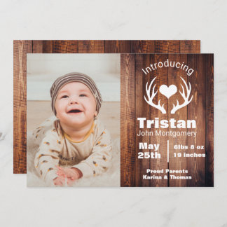 Rustic Deer Antlers Barn Wood Birth Announcement