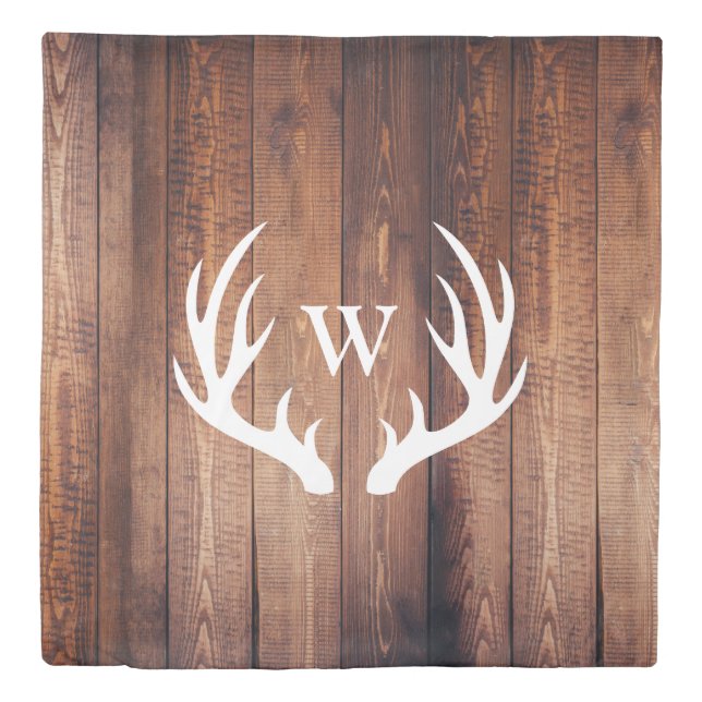 Rustic Deer Antlers Barn Wood Planks Monogram Duvet Cover (Front)
