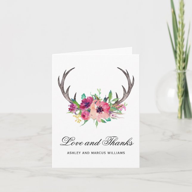 Rustic Deer Antlers Boho Floral Thank You Card (Front)
