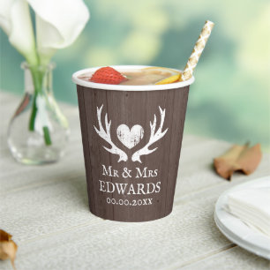 Rustic deer antlers brown wood vintage wedding paper cups