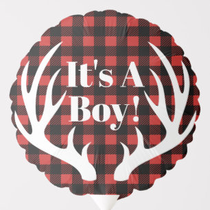 Rustic Deer Antlers Buffalo Check Plaid It's A Boy Balloon