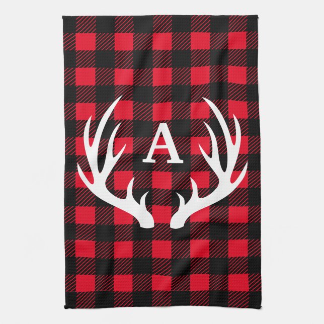 Rustic Deer Antlers & Buffalo Check Plaid Towel (Vertical)