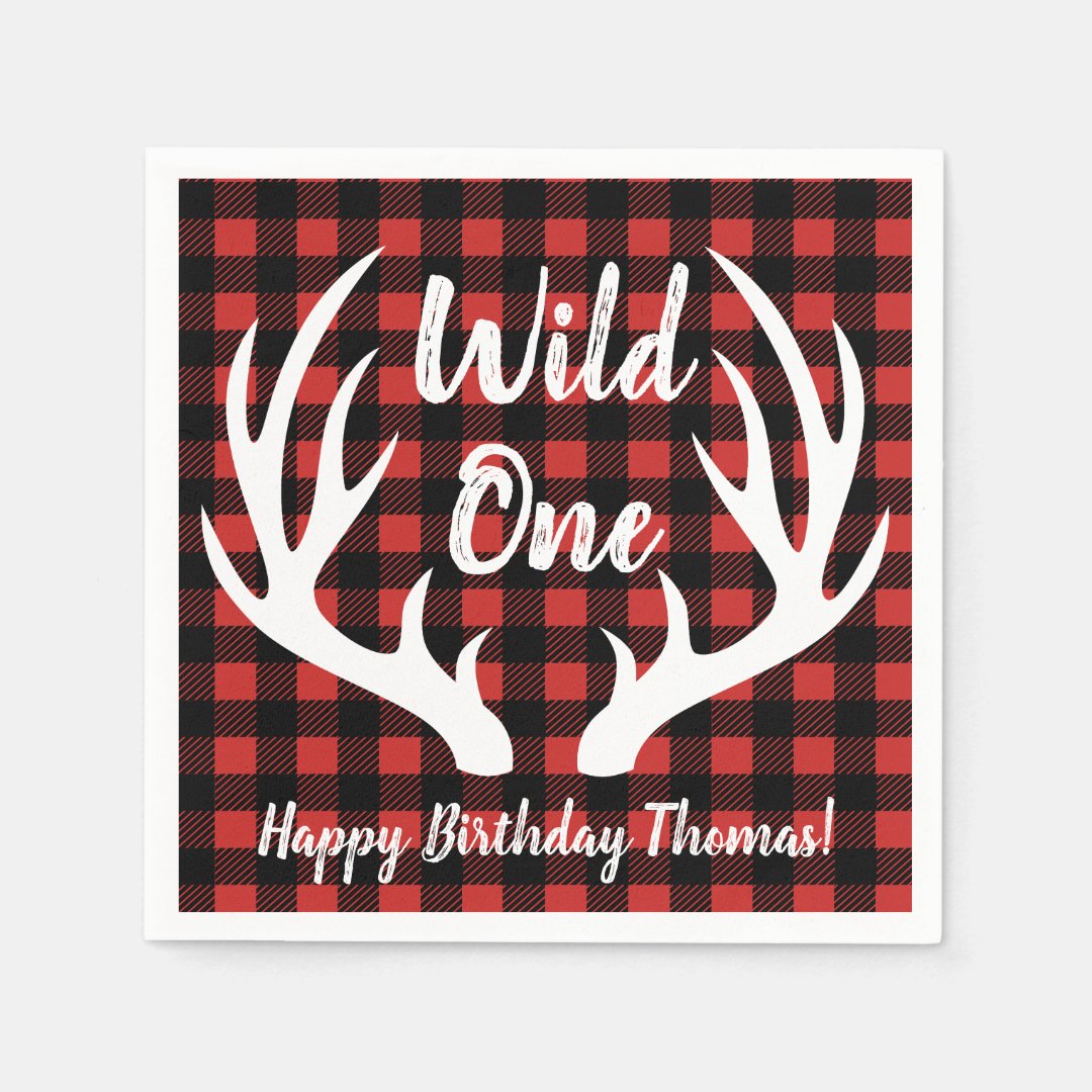 Rustic Deer Antlers Buffalo Check Plaid Wild One Napkins | Zazzle