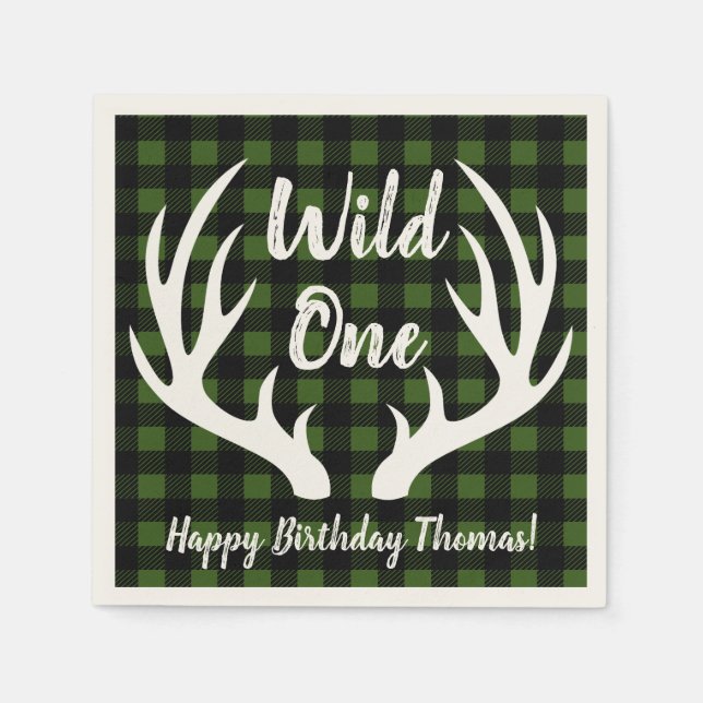 Rustic Deer Antlers Buffalo Check Plaid Wild One Napkins (Front)