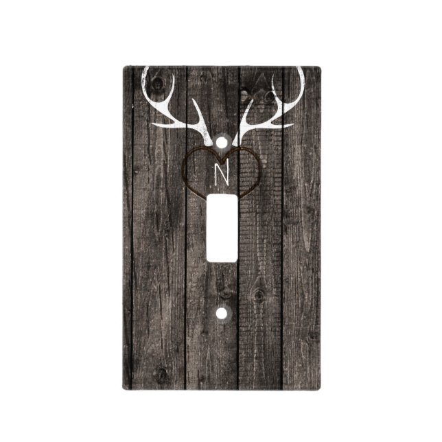 Rustic Deer Antlers & Carved Heart Country Light Switch Cover (Front)
