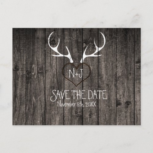 Rustic Deer Antlers  Carved Heart Save The Date Announcement Postcard