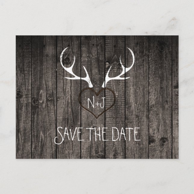 Rustic Deer Antlers & Carved Heart Save The Date Announcement Postcard (Front)