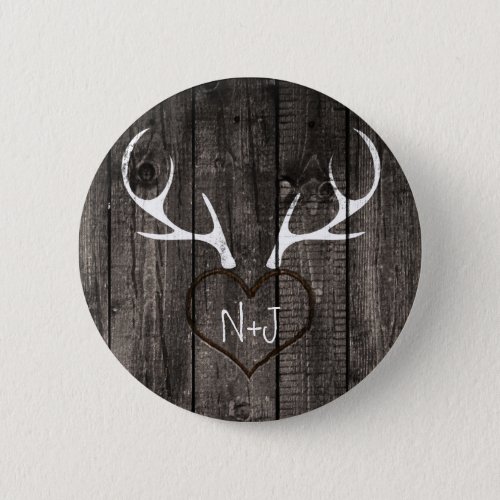 Rustic Deer Antlers  Carved Heart Wedding Button