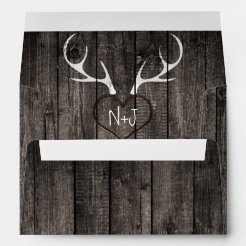 Rustic Deer Antlers  Carved Heart Wedding Envelope