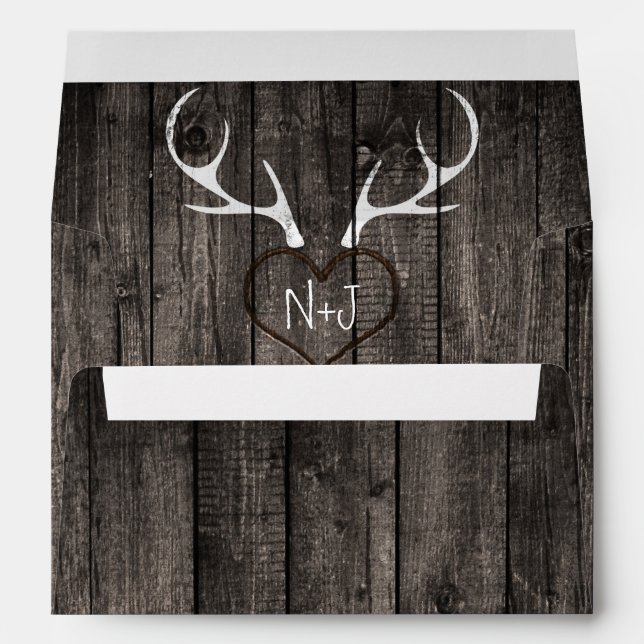 Rustic Deer Antlers & Carved Heart Wedding Envelope (Back (Bottom))