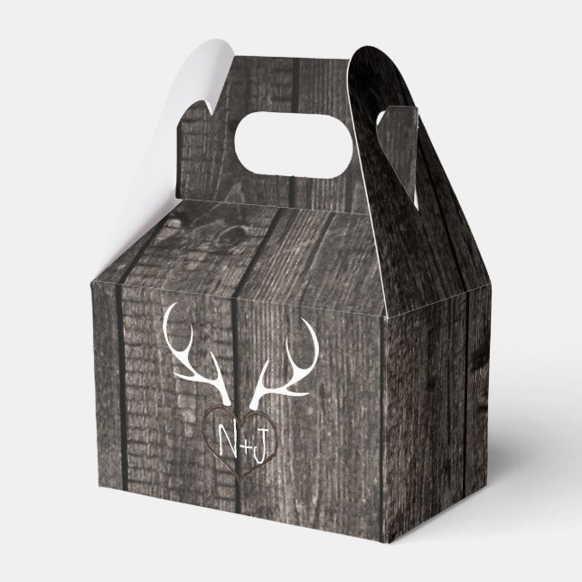 Rustic Deer Antlers & Carved Heart Wedding Favor Boxes (Front Side)