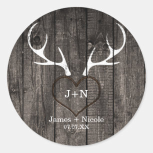 Rustic Deer Antlers & Carved Heart Wedding Favor Classic Round Sticker
