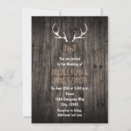 Rustic Deer Antlers  Carved Heart Wedding Invitation