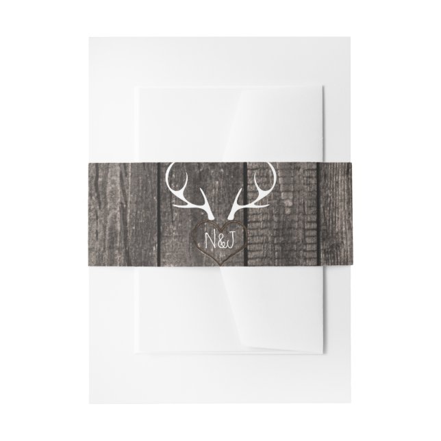 Rustic Deer Antlers & Carved Heart Wedding Invitation Belly Band (Front Example)