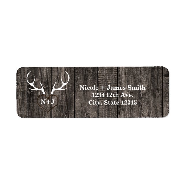 Rustic Deer Antlers & Carved Heart Wedding Label (Front)