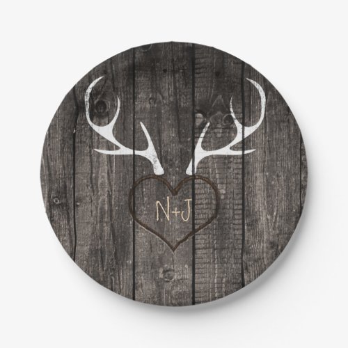 Rustic Deer Antlers  Carved Heart Wedding Paper Plates