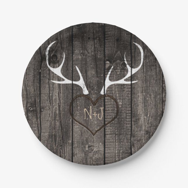Rustic Deer Antlers & Carved Heart Wedding Paper Plates (Front)