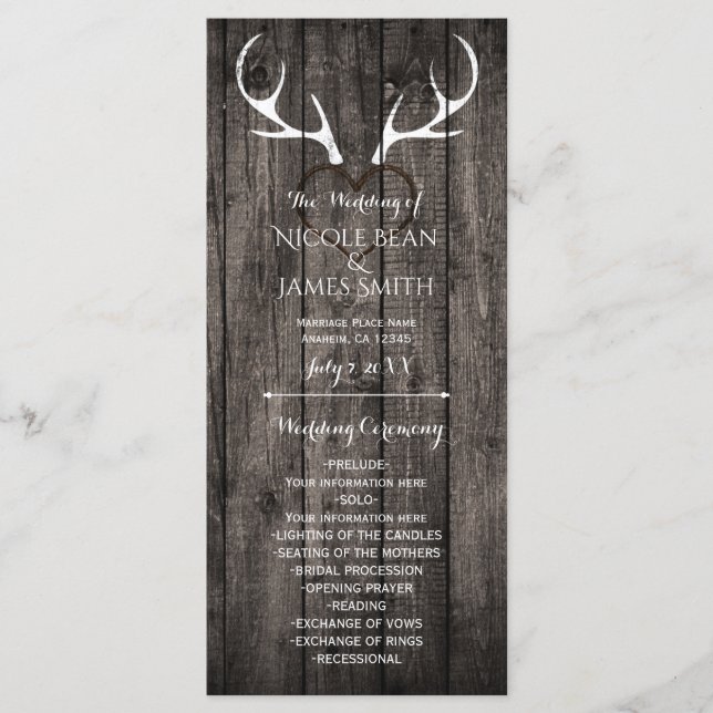 Rustic Deer Antlers & Carved Heart Wedding Program (Front)