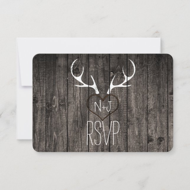 Rustic Deer Antlers & Carved Heart Wedding RSVP Invitation (Front)