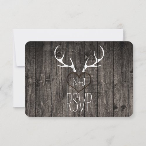 Rustic Deer Antlers  Carved Heart Wedding RSVP Invitation