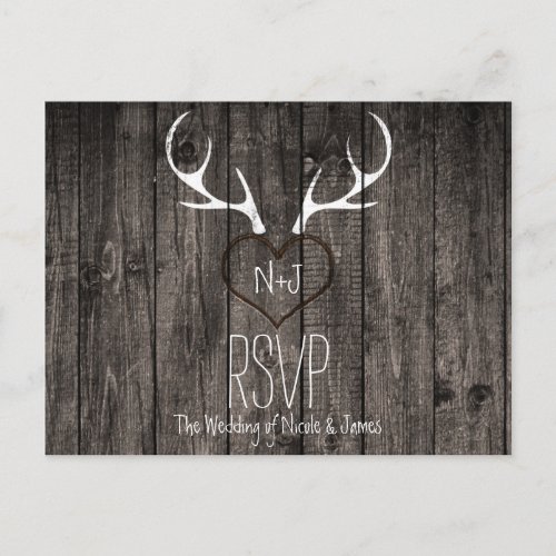 Rustic Deer Antlers  Carved Heart Wedding RSVP Invitation Postcard