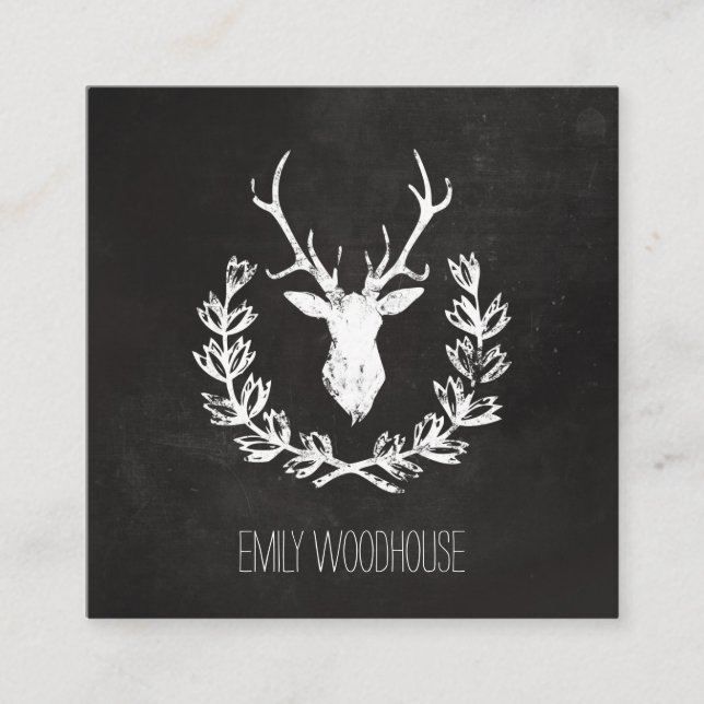 Rustic Deer Antlers | Chalkboard Square Business Card (Front)