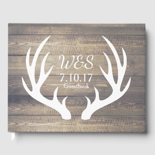 Rustic Deer Antlers Country Farmhouse Wood Wedding Guest Book