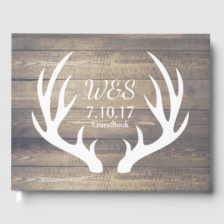 Rustic Deer Antlers Country Farmhouse Wood Wedding Guest Book