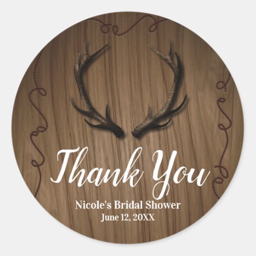 Rustic Deer Antlers Country Wood Barn Wedding Classic Round Sticker