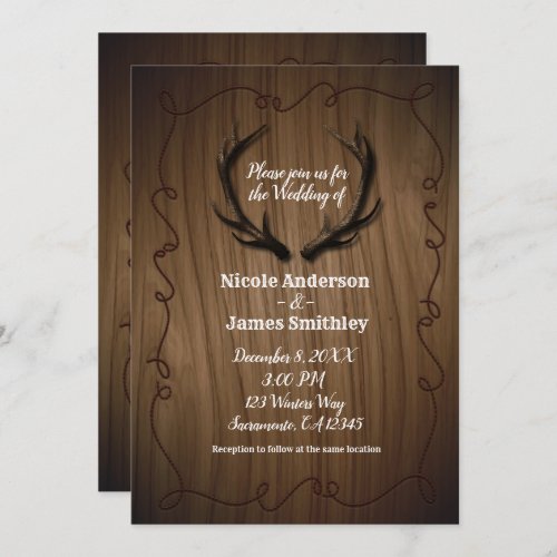 Rustic Deer Antlers Country Wood Barn Wedding Invitation