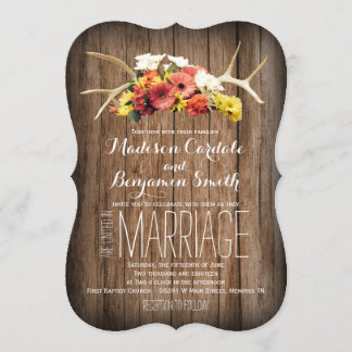 Rustic Deer Antlers Daisy Wood Wedding Invitations
